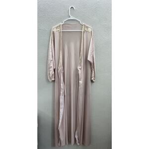 Jrs by Barad Womens Robe Size 9 Pink Maxi Silky Lace VTG Open Front Long Sleeve
